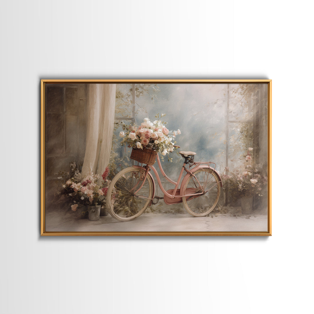Old Bicycle with Flowers in Basket Canvas Print, Bed and Breakfast Art, Print, Living Room Decor, Watercolor Art, BAB-3x2-75
