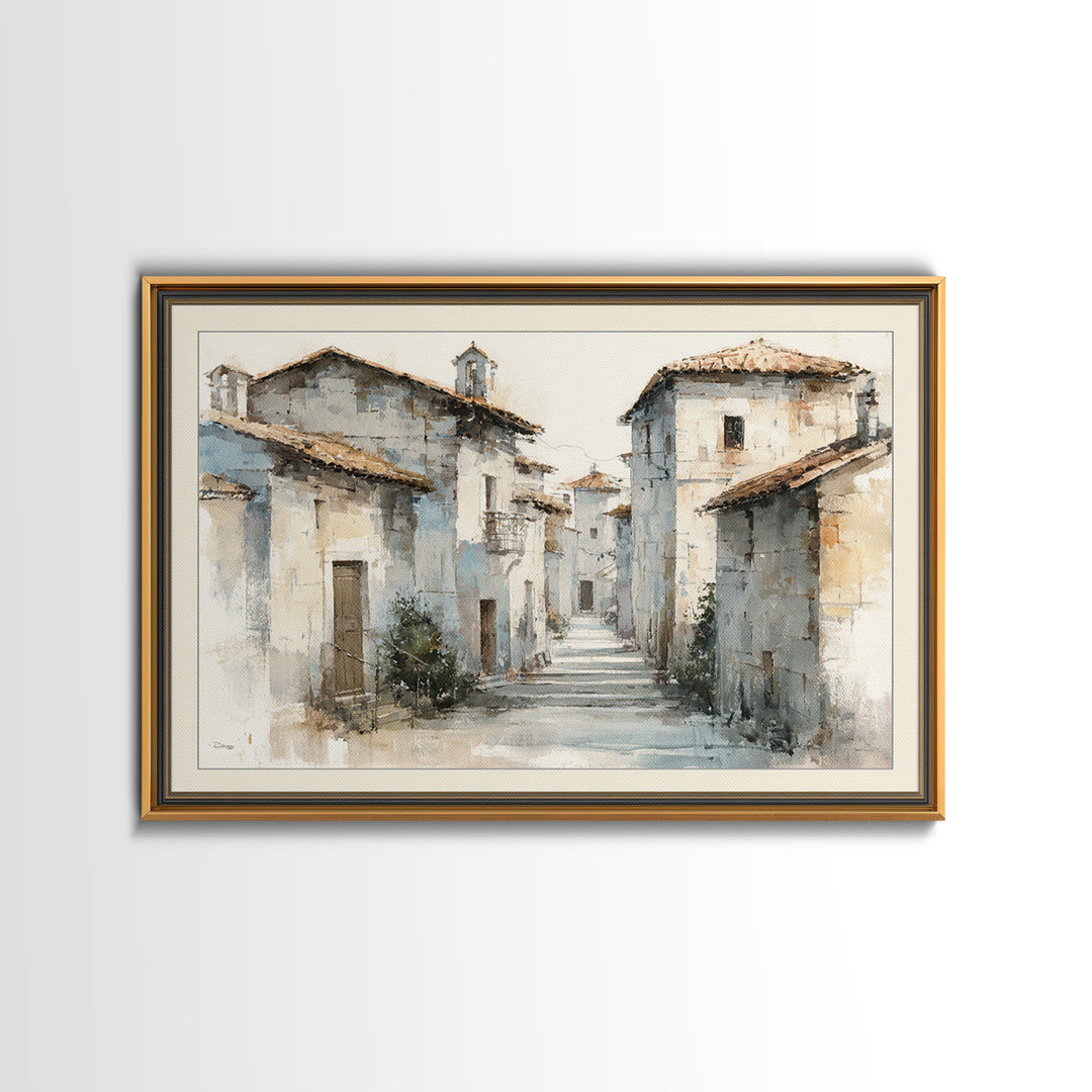 Soft Watercolor Village Street at Dawn Framed Canvas Print, Bed and Breakfast Art, Fine Art Print, Living Room Decor, Fine Art, BAB-3x2-81
