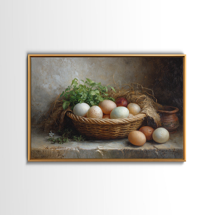 Fresh Eggs in a Woven Basket with Framed Canvas Print, Bed and Breakfast Art, Bedroom Art, Living Room Decor, Oil Painting, BAB-3x2-82