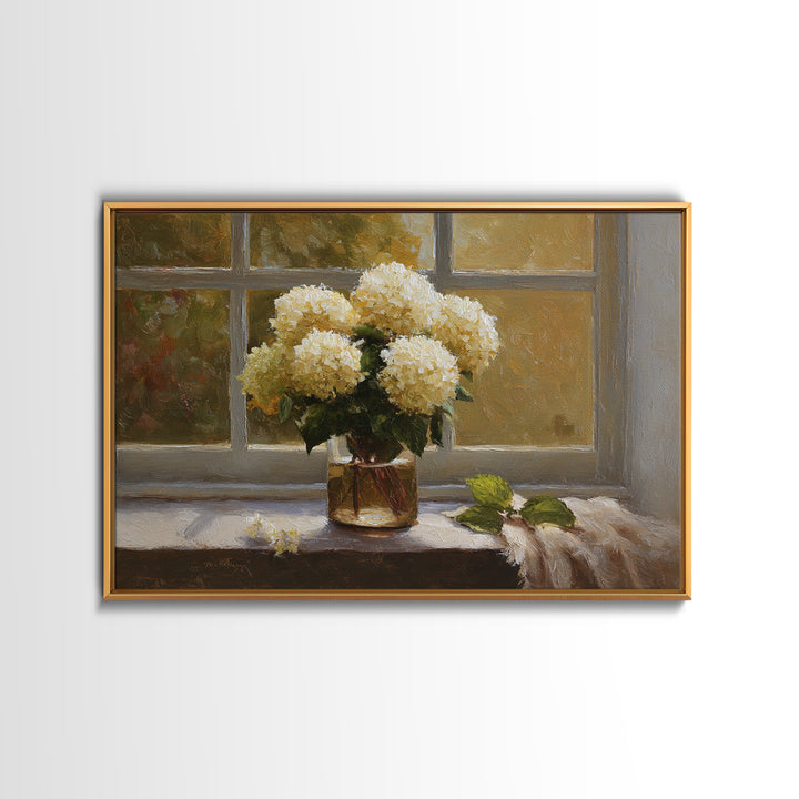 Sunlit Hydrangeas on a Windowsill Framed Canvas Print, Bed and Breakfast Art, Trendy Wall Art, Living Room Decor, Fine Art, BAB-3x2-86