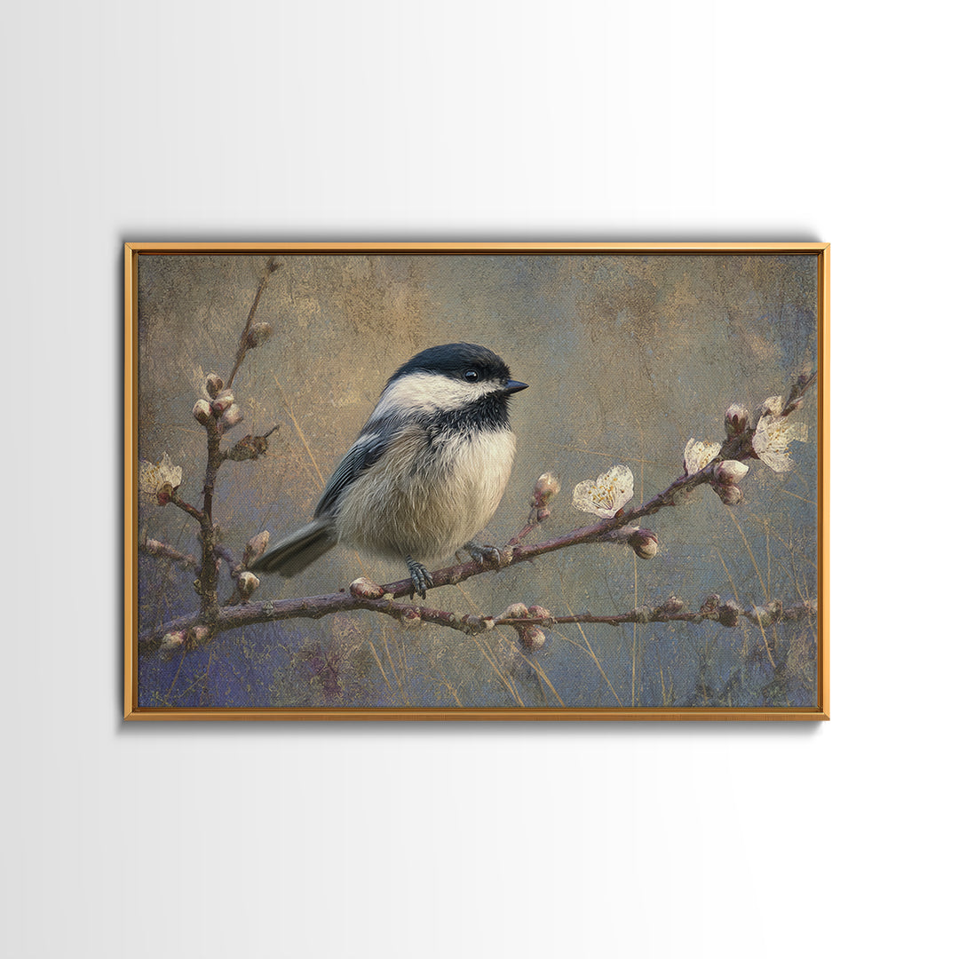 Small Bird on a Flowering Branch Framed Canvas Print, Bed and Breakfast Art, Farmhouse Wall Art, Living Room Decor, Fine Art, BAB-3x2-90