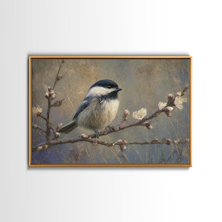 Small Bird on a Flowering Branch Framed Canvas Print, Bed and Breakfast Art, Farmhouse Wall Art, Living Room Decor, Fine Art, BAB-3x2-90