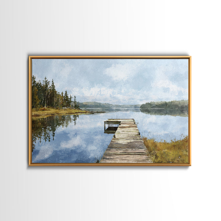 Quiet Lake Dock at Early Morning Canvas Print, Bed and Breakfast Art, Coffee Wall Art, Living Room Decor, Oil Painting, BAB-3x2-98