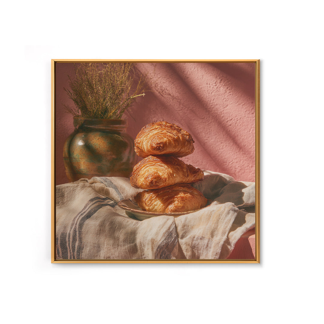 Buttery Croissants Stacked on Striped Linen Framed Canvas Print, Bakery Art, Modern Decor, Bakery Decor, Abstract Art, BAK-1x1-1