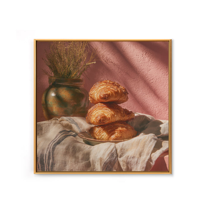 Buttery Croissants Stacked on Striped Linen Framed Canvas Print, Bakery Art, Modern Decor, Bakery Decor, Abstract Art, BAK-1x1-1