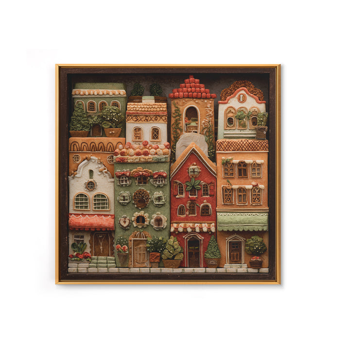 Gingerbread Houses in Charming Folk Art Style Canvas Print, Bakery Art, Whimsical Wall Art, Bakery Decor, Fine Art, Patisserie, BAK-1x1-14