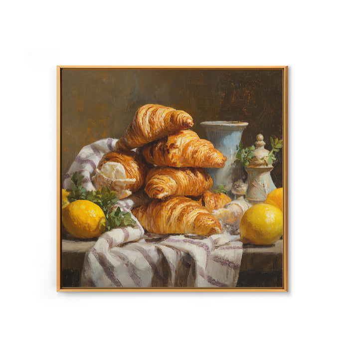 Buttery Croissants Stacked on Striped Linen Canvas Print, Bakery Art, Room Decor, Bakery Decor, Abstract Art, Patisserie, BAK-1x1-25