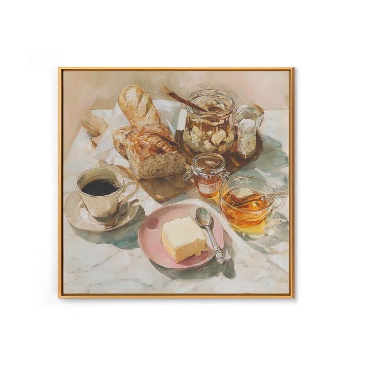 Baguette and Butter Still Life on Marble Framed Canvas Print, Bakery Art, Gallery Decor, Bakery Decor, Fine Art, Patisserie, BAK-1x1-32
