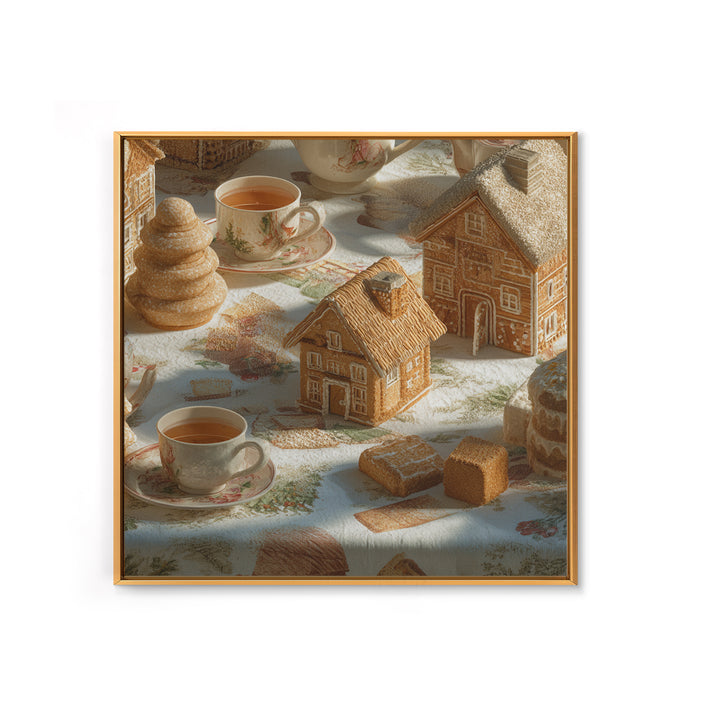 Gingerbread Houses in Charming Folk Art Style Framed Canvas Print, Bakery Art, Gallery Decor, Bakery Decor, Patisserie, BAK-1x1-38