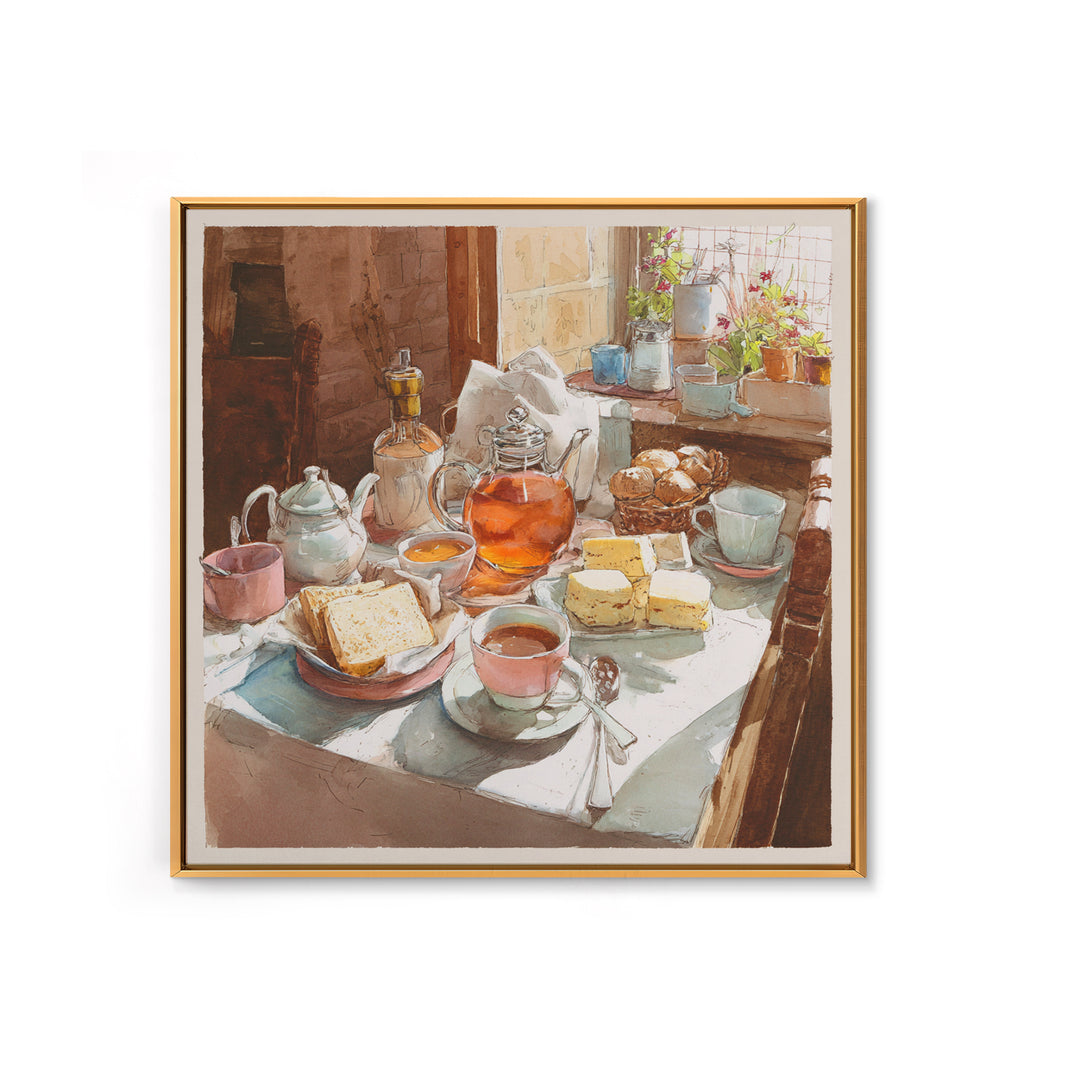 Tea and Scone Arrangement Framed Canvas Print, Bakery Art, Watercolor Painting, Bakery Decor, Patisserie, Aesthetic Wall Art, BAK-1x1-44
