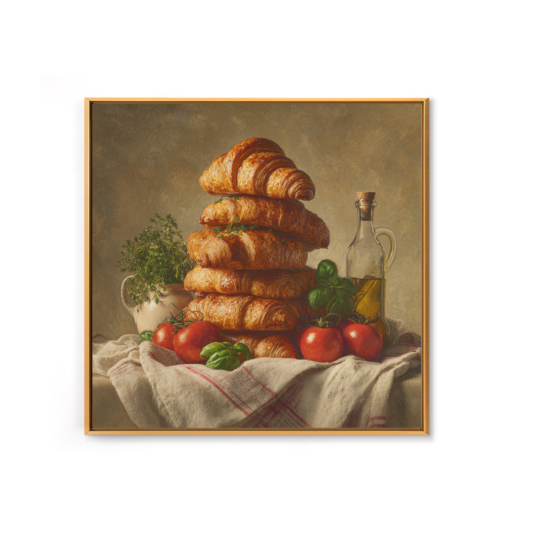 Buttery Croissants Stacked on Striped Linen Canvas Print, Bakery Art, Room Decor, Bakery Decor, Abstract Art, Patisserie, BAK-1x1-49