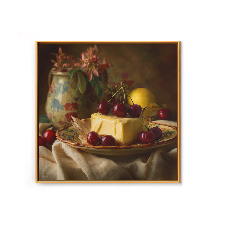 Cherry Tart Still Life Framed Canvas Print, Bakery Art, Textured Painting, Bakery Decor, Fine Art, Patisserie, Printable Art, BAK-1x1-53