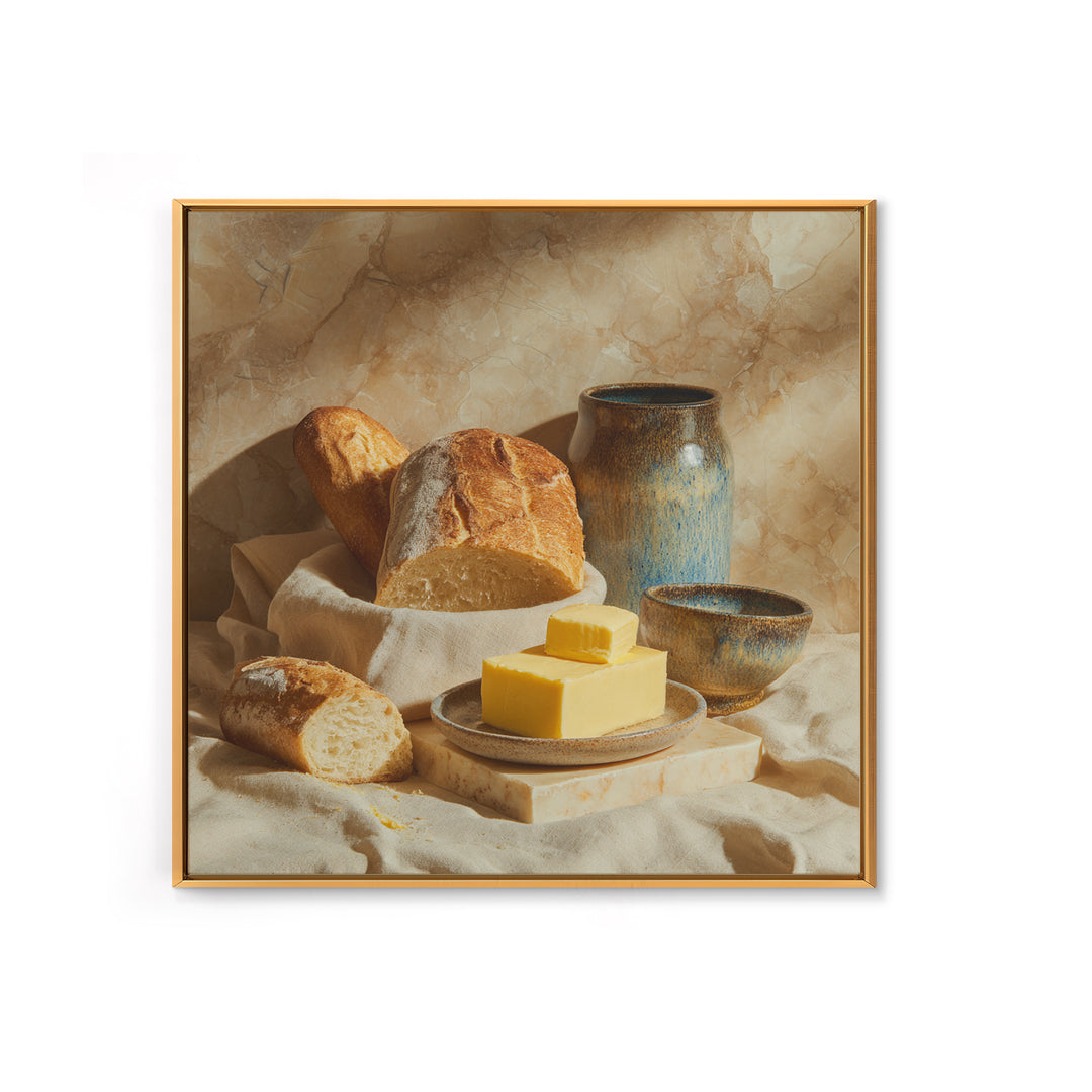 Baguette and Butter Still Life on Marble Framed Canvas Print, Bakery Art, Watercolor Painting, Bakery Decor, Patisserie, BAK-1x1-56