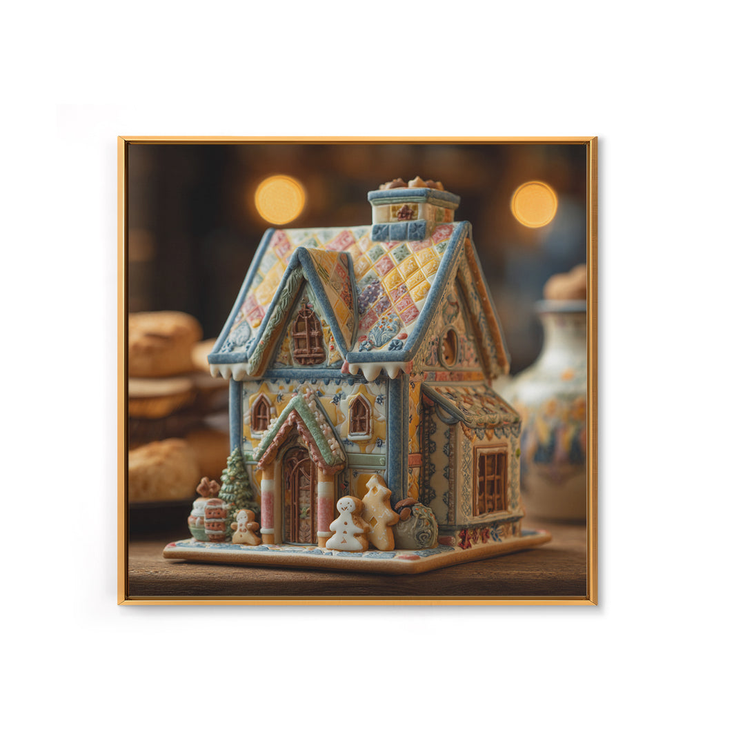 Gingerbread Houses in Charming Folk Art Style Framed Canvas Print, Bakery Art, Gallery Decor, Bakery Decor, Patisserie, BAK-1x1-62