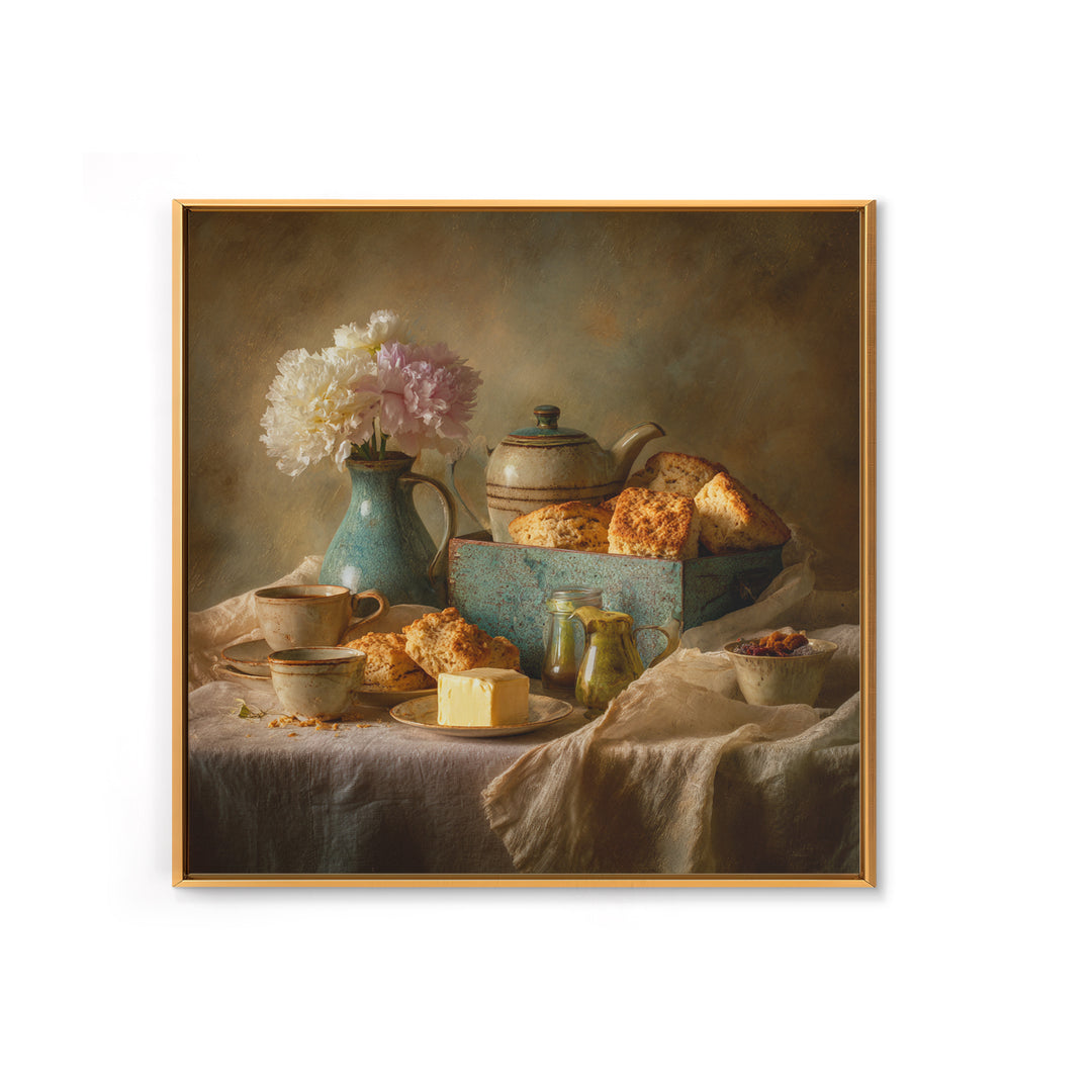 Tea and Scone Arrangement Framed Canvas Print, Bakery Art, Neutral Wall Art, Bakery Decor, Patisserie, Statement Artwork, BAK-1x1-68