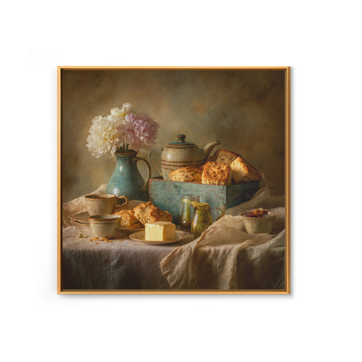 Tea and Scone Arrangement Framed Canvas Print, Bakery Art, Neutral Wall Art, Bakery Decor, Patisserie, Statement Artwork, BAK-1x1-68