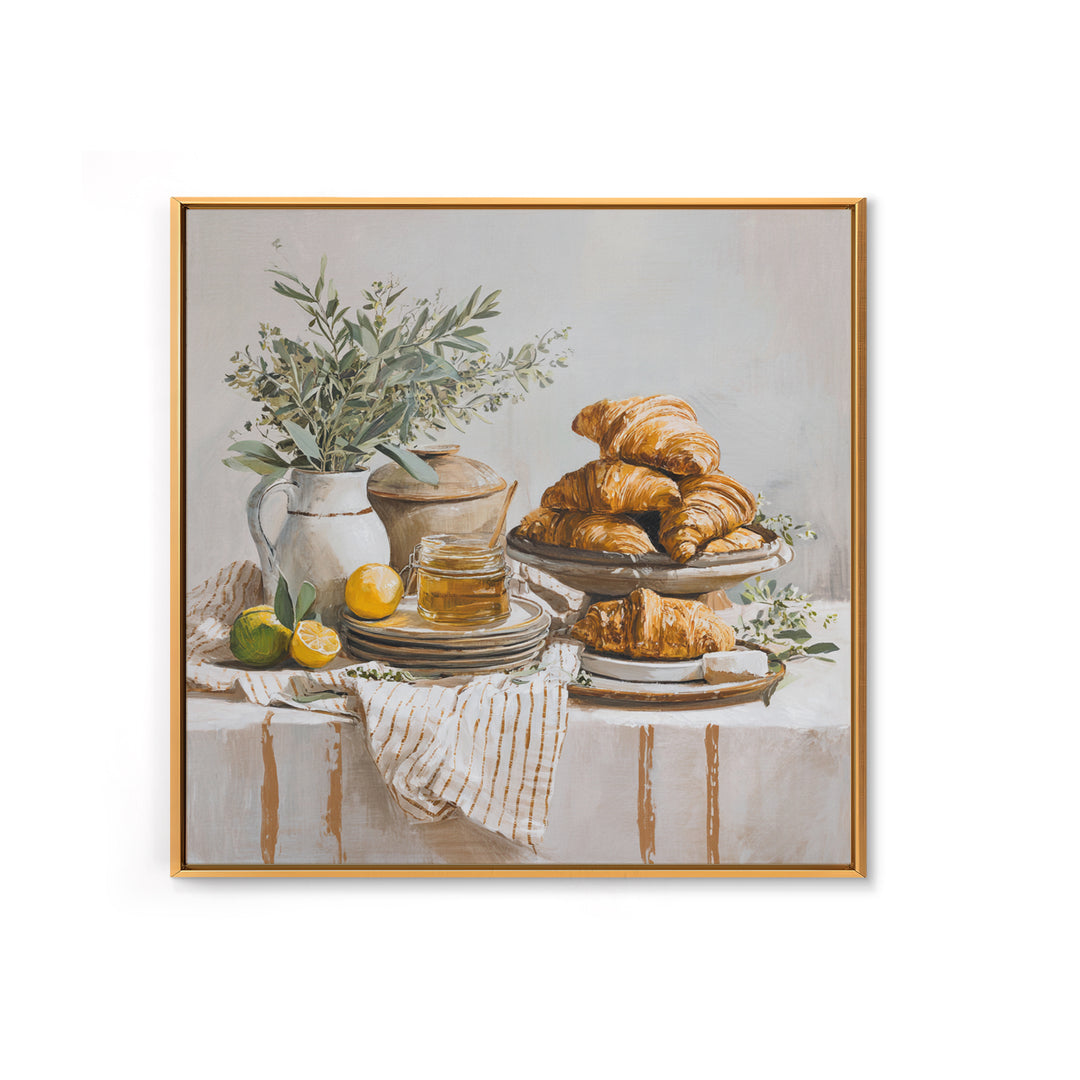 Buttery Croissants Stacked on Striped Linen Framed Canvas Print, Bakery Art, Home Decor, Bakery Decor, Abstract Art, Patisserie, BAK-1x1-73