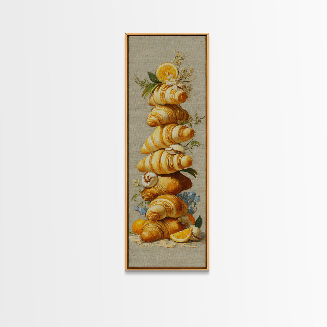 Buttery Croissants Stacked on Striped Linen Canvas Print, Bakery Art, Minimalist Decor, Bakery Decor, Fine Art, Patisserie, BAK-1x3-13