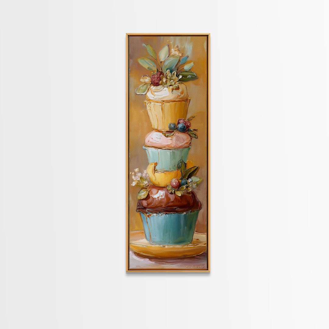 Cupcake Bouquet Painted Framed Canvas Print, Bakery Art, Kitchen Wall Decor, Bakery Decor, Patisserie, Whimsical Wall Art, BAK-1x3-19