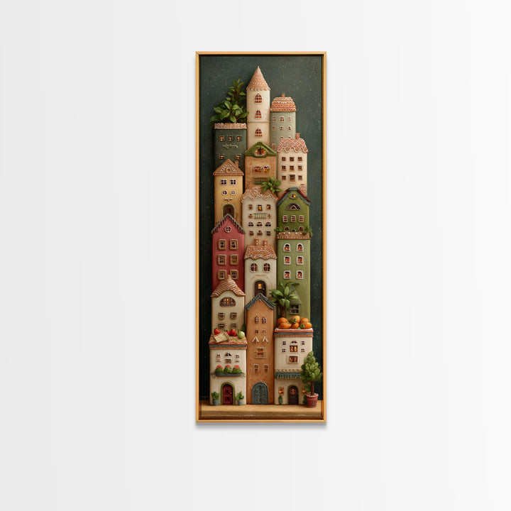 Gingerbread Houses in Charming Folk Art Style Canvas Print, Bakery Art, Kids Art, Bakery Decor, Fine Art, Patisserie, BAK-1x3-2