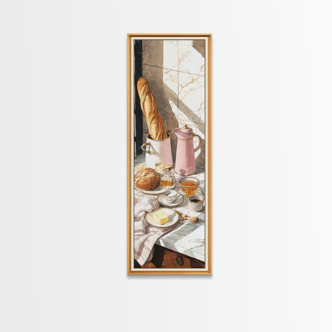 Baguette and Butter Still Life on Marble Framed Canvas Print, Bakery Art, Wall Decor, Bakery Decor, Fine Art, Patisserie, BAK-1x3-20