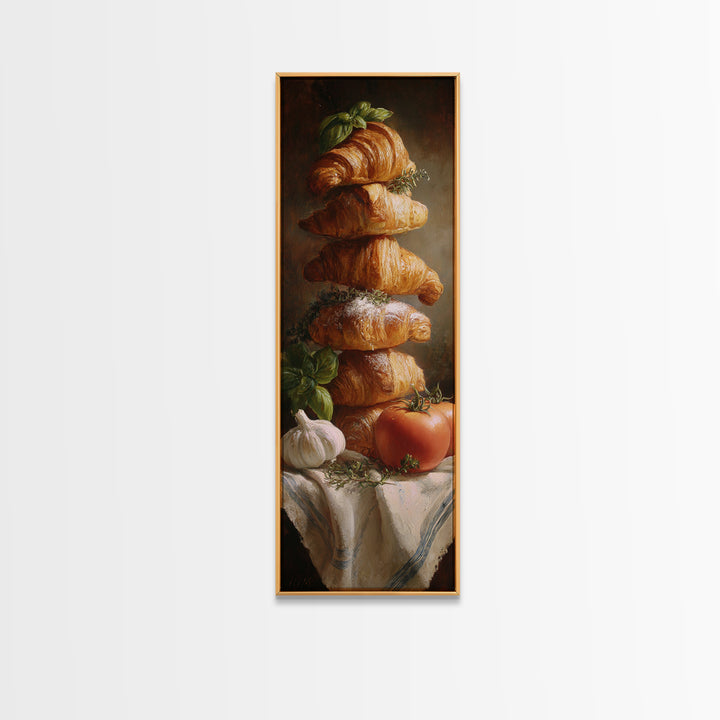 Buttery Croissants Stacked on Striped Linen Canvas Print, Bakery Art, Minimalist Decor, Bakery Decor, Fine Art, Patisserie, BAK-1x3-37