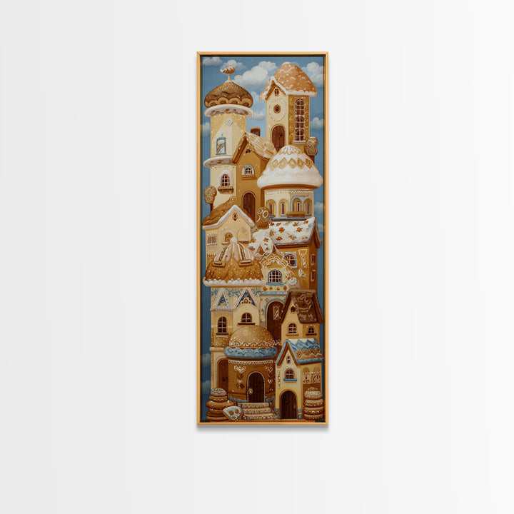 Gingerbread Houses in Charming Folk Art Style Framed Canvas Print, Bakery Art, Fine Art Print, Bakery Decor, Patisserie, BAK-1x3-50