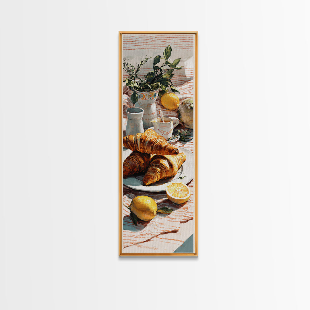 Buttery Croissants Stacked on Striped Linen Framed Canvas Print, Bakery Art, Art Print, Bakery Decor, Abstract Art, Patisserie, BAK-1x3-61