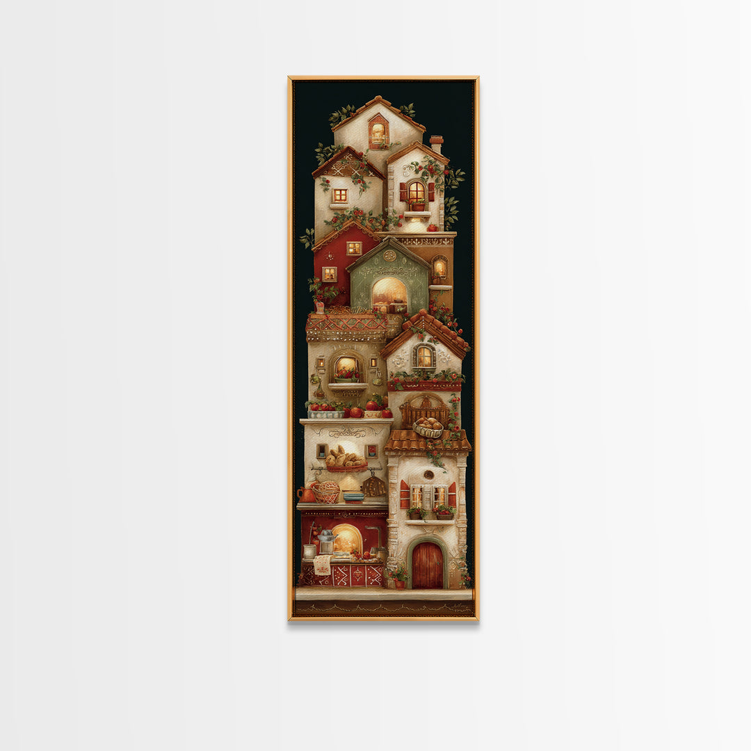 Gingerbread Houses in Charming Folk Art Style Framed Canvas Print, Bakery Art, Fine Art Print, Bakery Decor, Patisserie, BAK-1x3-74