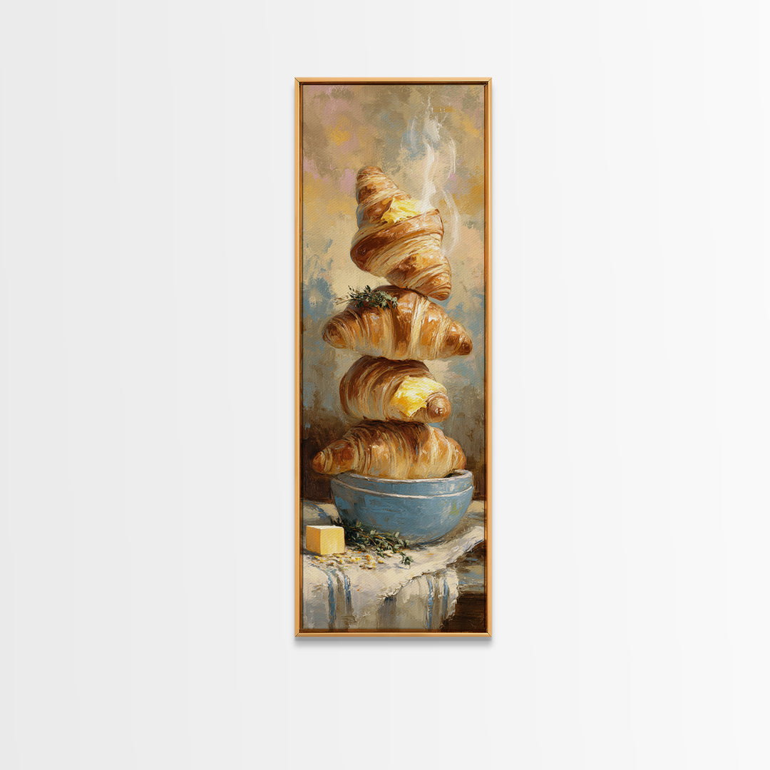 Buttery Croissants Stacked on Striped Linen Canvas Print, Bakery Art, Kitchen Art, Bakery Decor, Abstract Art, Patisserie, BAK-1x3-85