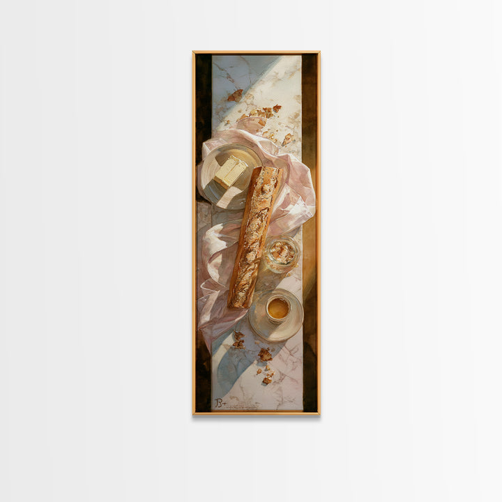 Baguette and Butter Still Life on Marble Framed Canvas Print, Bakery Art, Whimsical Wall Art, Bakery Decor, Patisserie, BAK-1x3-92