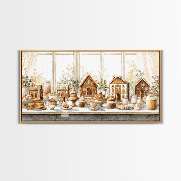 Gingerbread Houses in Charming Folk Art Style Framed Canvas Print, Bakery Art, Contemporary Art, Bakery Decor, Patisserie, BAK-2x1-10