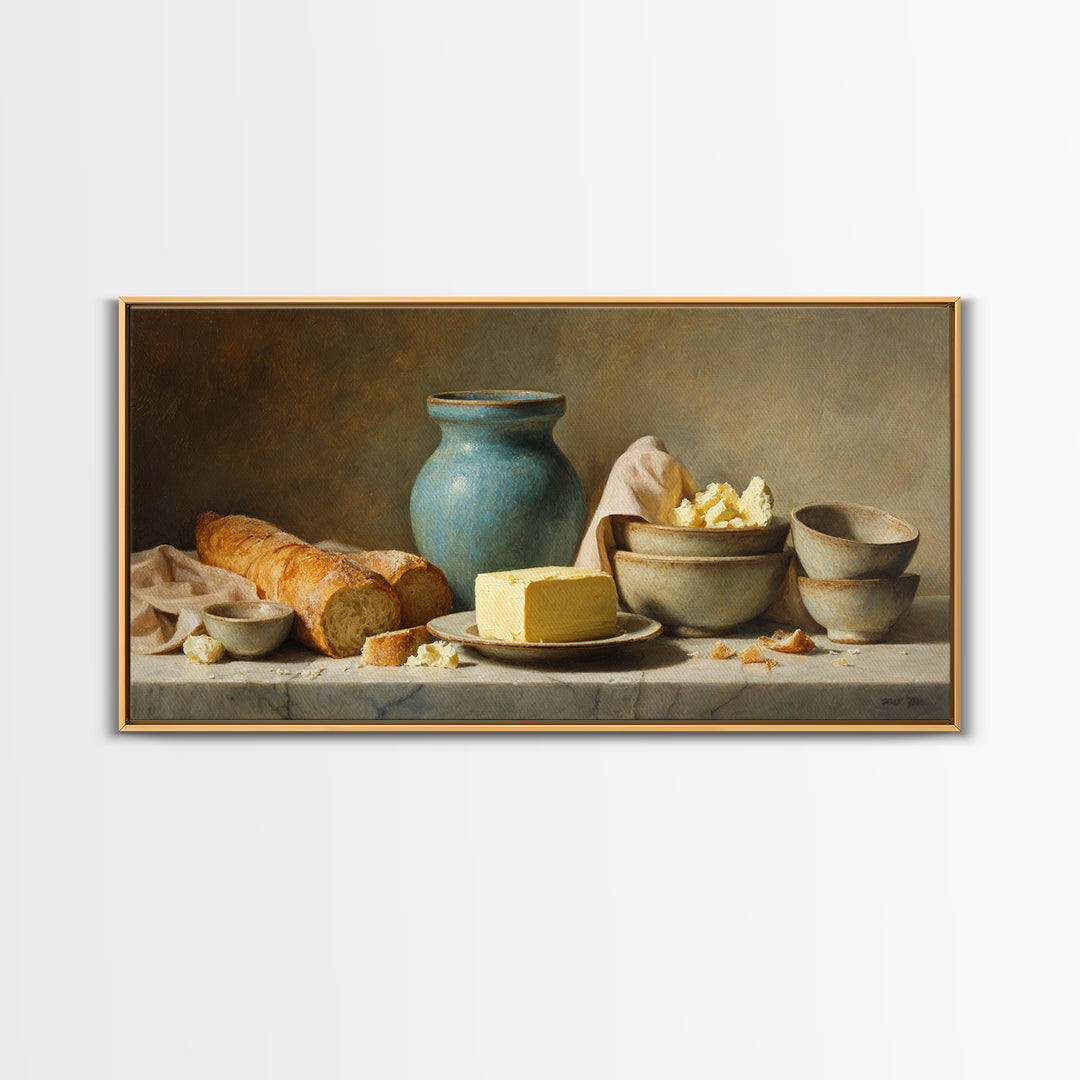 Baguette and Butter Still Life on Marble Framed Canvas Print, Bakery Art, Neutral Wall Art, Bakery Decor, Fine Art, Patisserie, BAK-2x1-100
