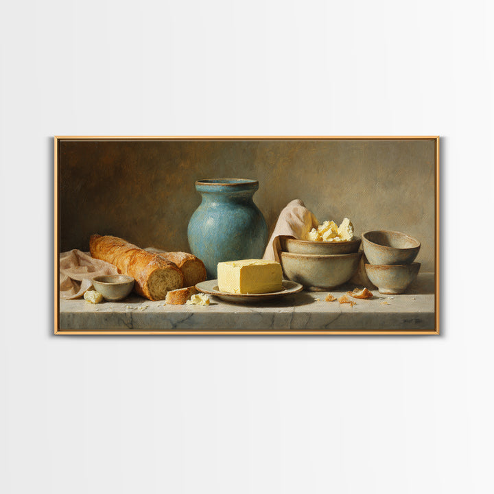 Baguette and Butter Still Life on Marble Framed Canvas Print, Bakery Art, Neutral Wall Art, Bakery Decor, Fine Art, Patisserie, BAK-2x1-100