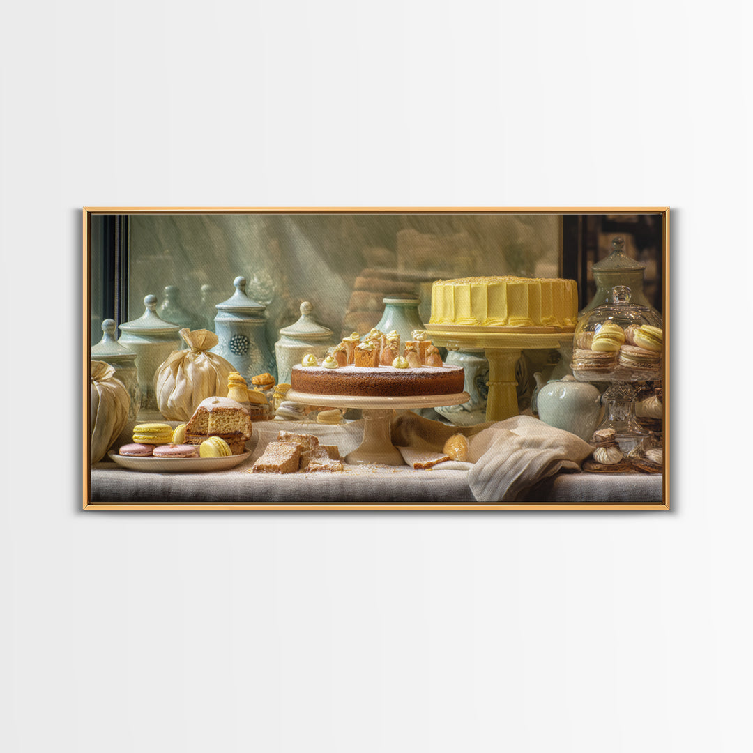 French Patisserie Window Display of Pastel Pastries Canvas Print, Bakery Art, Textured Painting, Bakery Decor, Patisserie, BAK-2x1-22