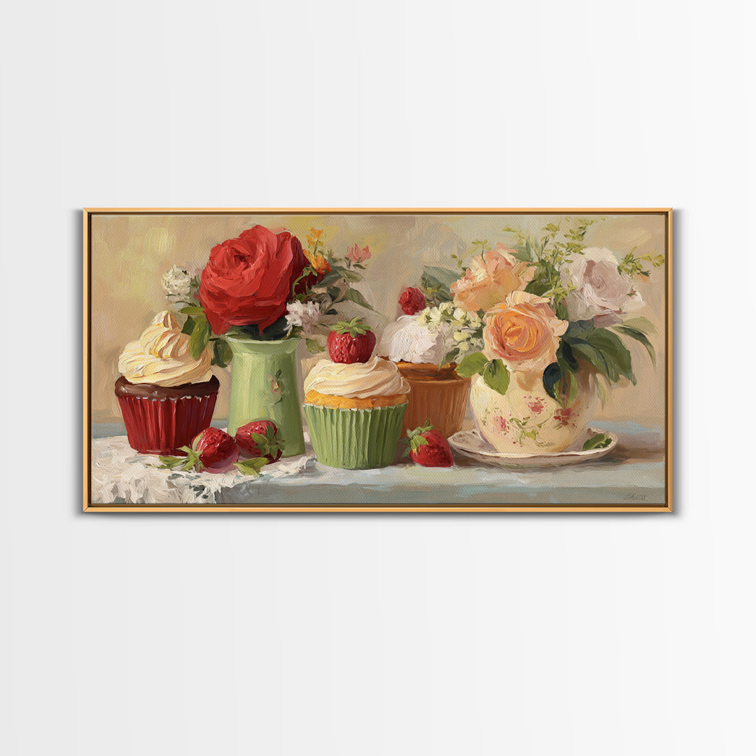 Cupcake Bouquet Painted Framed Canvas Print, Bakery Art, Boho Decor, Bakery Decor, Oil Painting, Patisserie, Printable Wall Art, BAK-2x1-27