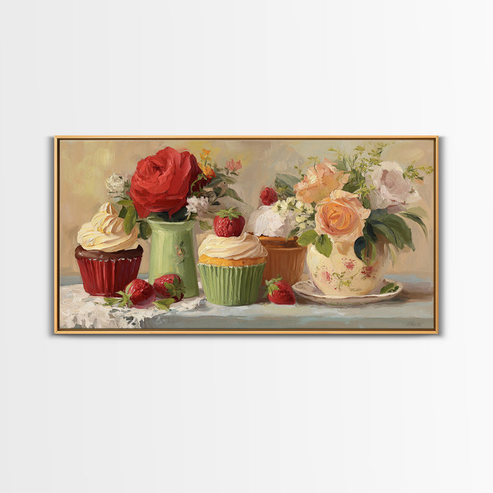 Cupcake Bouquet Painted Framed Canvas Print, Bakery Art, Boho Decor, Bakery Decor, Oil Painting, Patisserie, Printable Wall Art, BAK-2x1-27