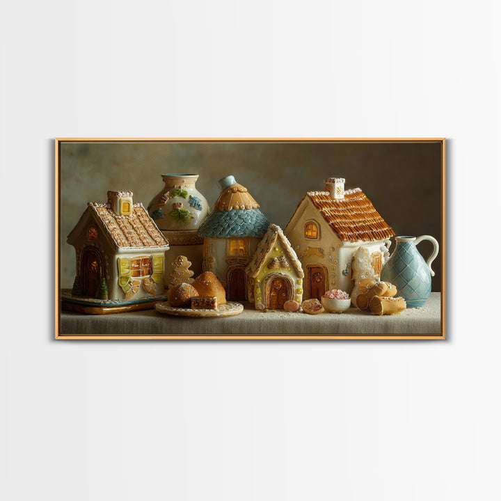 Gingerbread Houses in Charming Folk Art Style Framed Canvas Print, Bakery Art, Contemporary Art, Bakery Decor, Patisserie, BAK-2x1-34