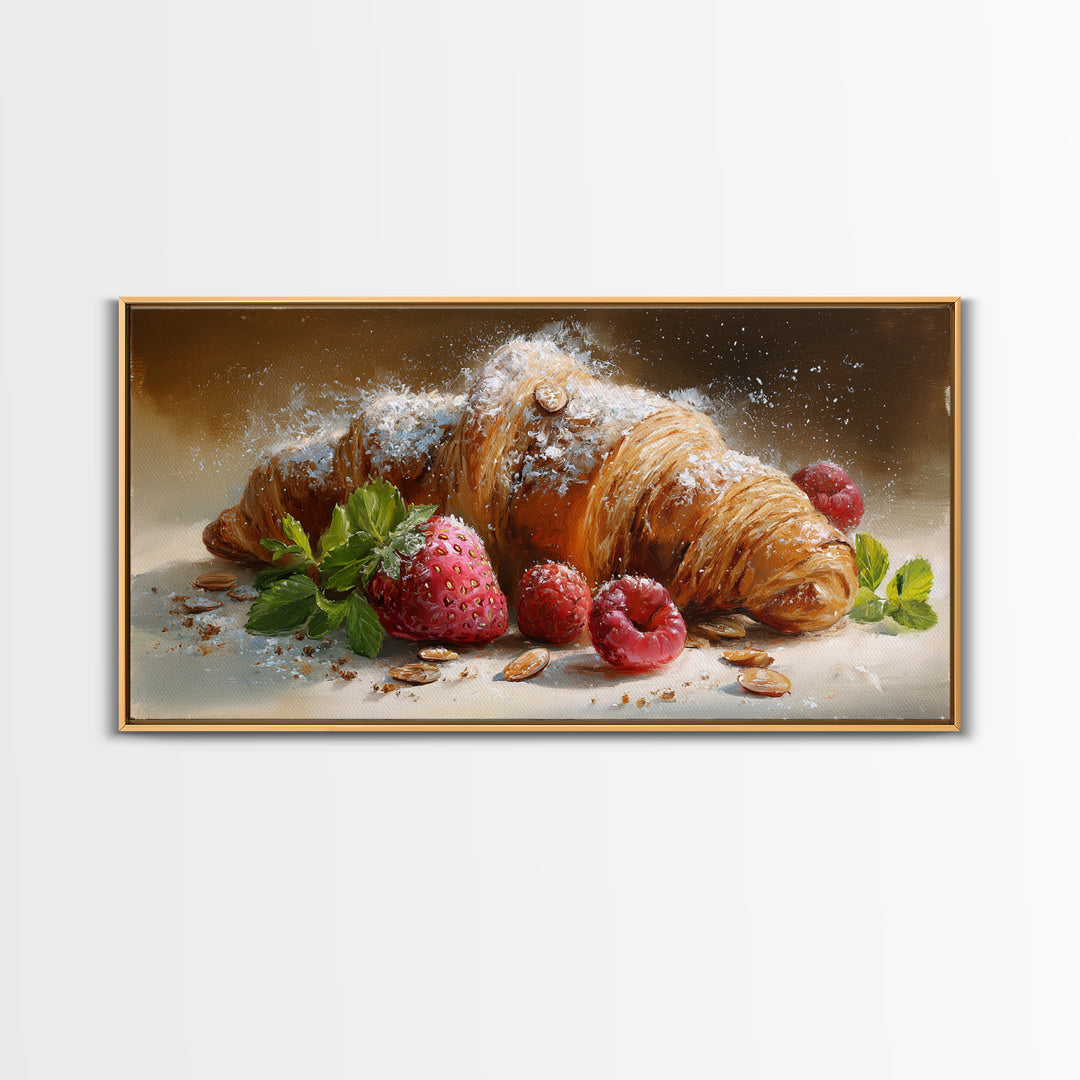Almond Croissant Closeup Framed Canvas Print, Bakery Art, Wall Art, Bakery Decor, Oil Painting, Patisserie, Kitchen Wall Decor, BAK-2x1-35