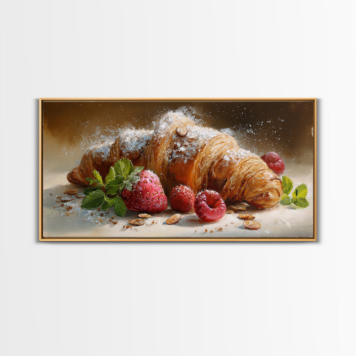 Almond Croissant Closeup Framed Canvas Print, Bakery Art, Wall Art, Bakery Decor, Oil Painting, Patisserie, Kitchen Wall Decor, BAK-2x1-35