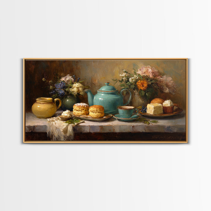 Tea and Scone Arrangement Framed Canvas Print, Bakery Art, Wall Decor, Bakery Decor, Fine Art, Patisserie, Kitchen Prints, BAK-2x1-40