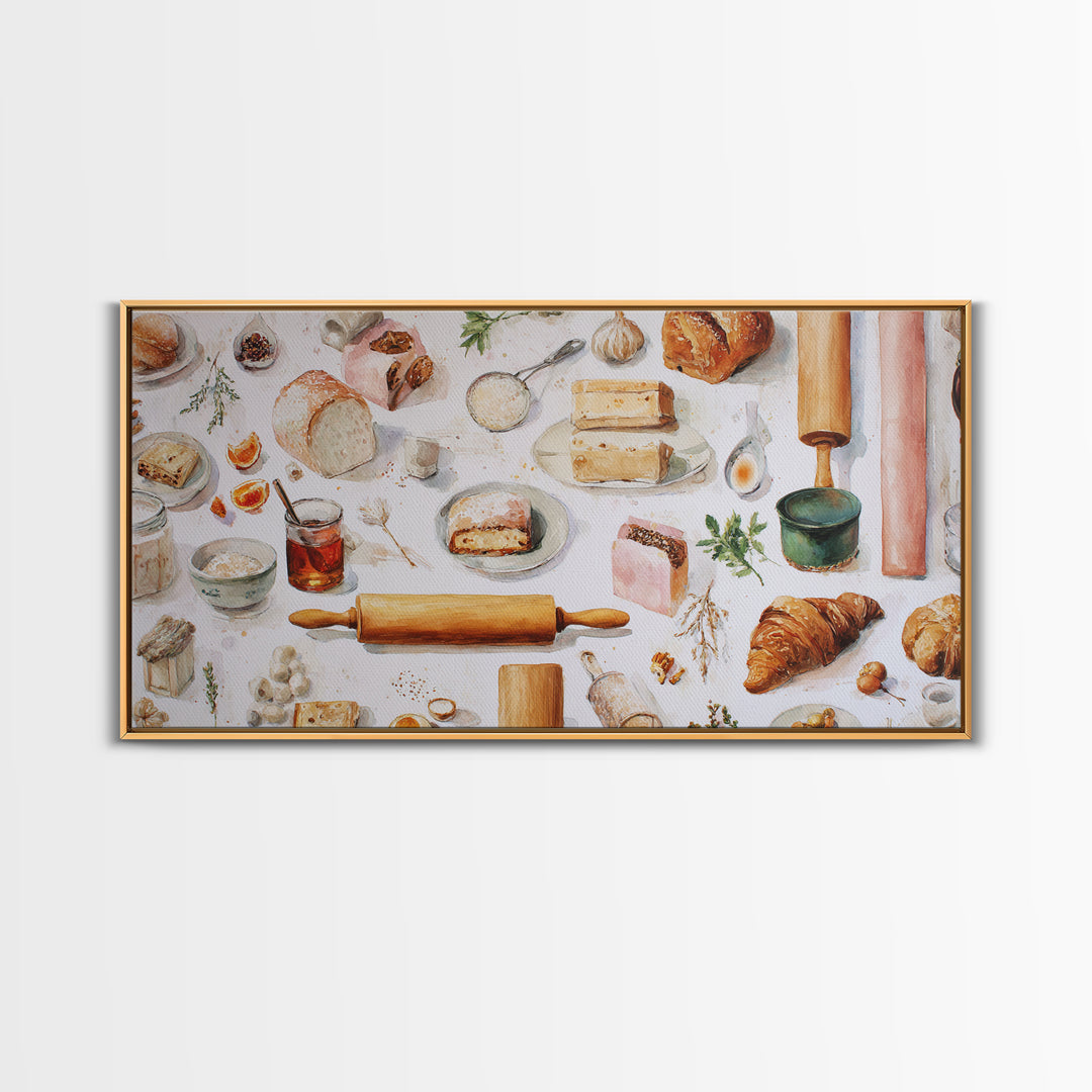 Patisserie Pattern of Rolling Pins and Pastries Canvas Print, Bakery Art, Kitchen Decor, Bakery Decor, Fine Art, Patisserie, BAK-2x1-41