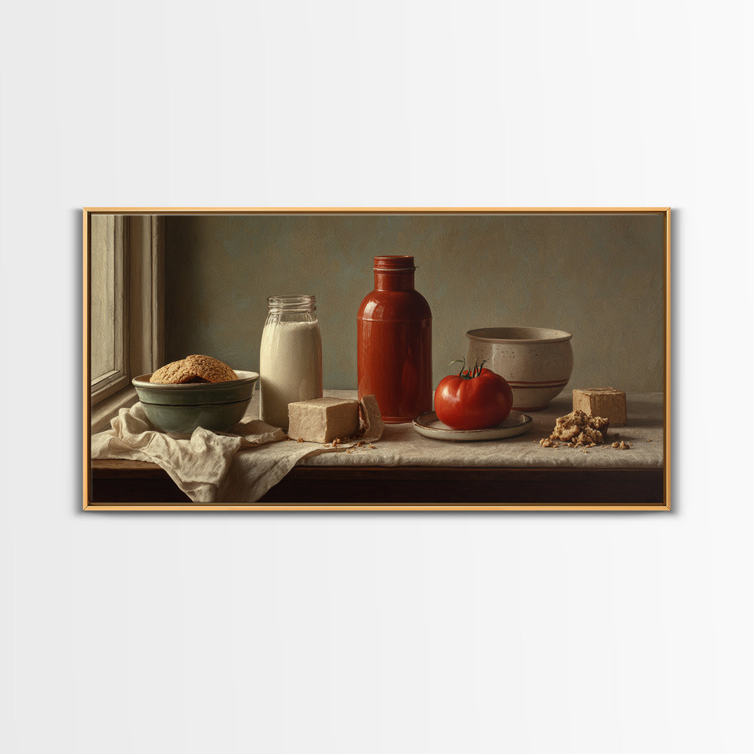 Milk Bottle and Cookies Nostalgic Still Life Framed Canvas Print, Bakery Art, Room Decor, Bakery Decor, Fine Art, Patisserie, BAK-2x1-42