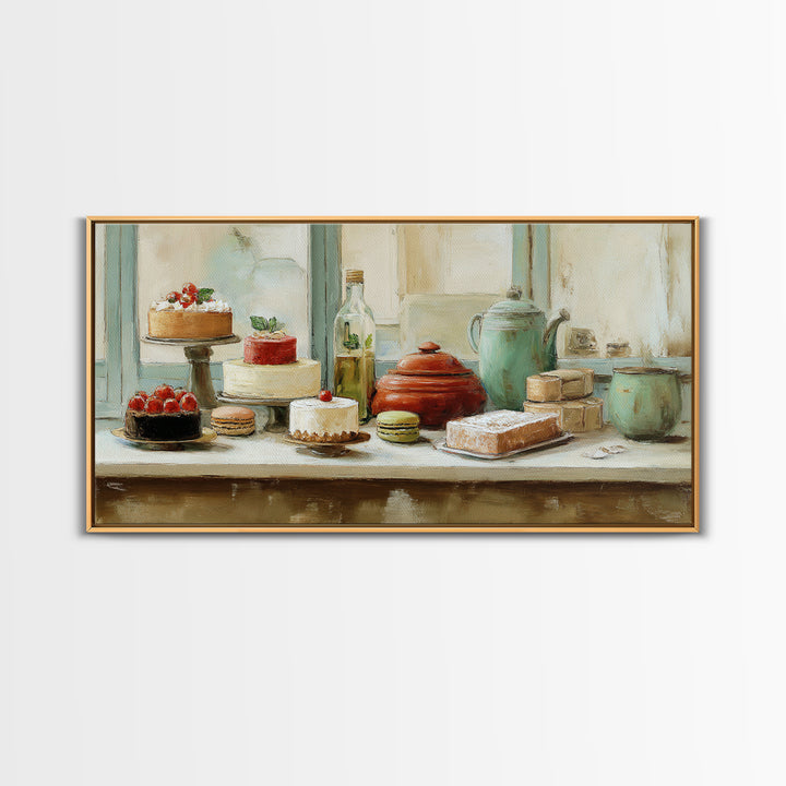 French Patisserie Window Display of Pastel Pastries Framed Canvas Print, Bakery Art, Wall Decor, Bakery Decor, Patisserie, BAK-2x1-46