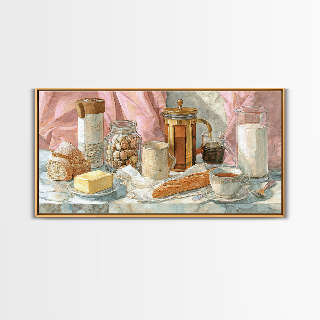 Baguette and Butter Still Life on Marble Canvas Print, Bakery Art, Kitchen Print, Bakery Decor, Fine Art, Patisserie, BAK-2x1-76