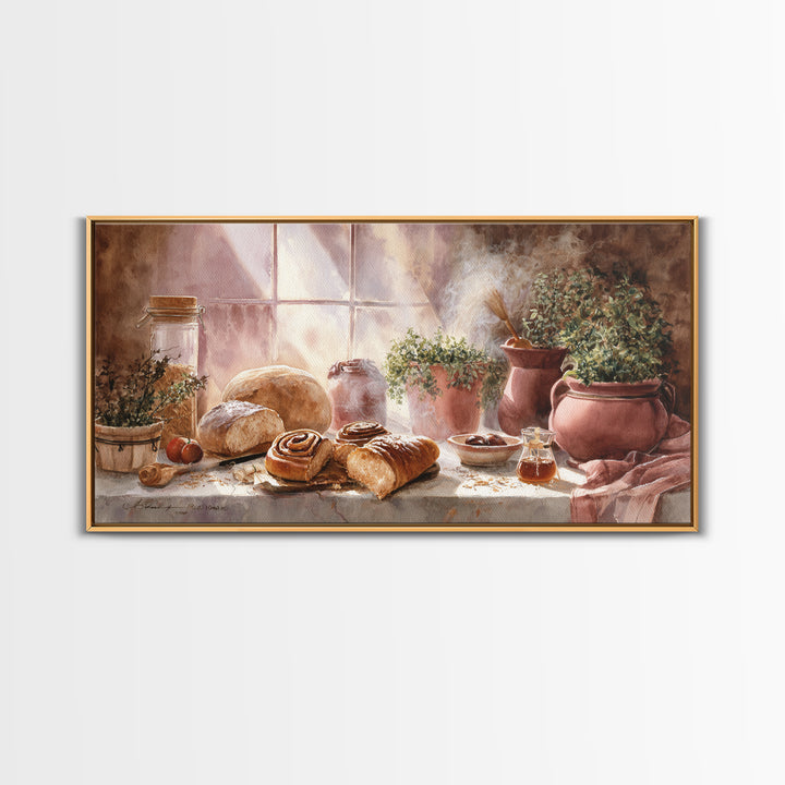 Cinnamon Rolls in a Warm Country Kitchen Framed Canvas Print, Bakery Art, Kids Art, Bakery Decor, Fine Art, Patisserie, BAK-2x1-79