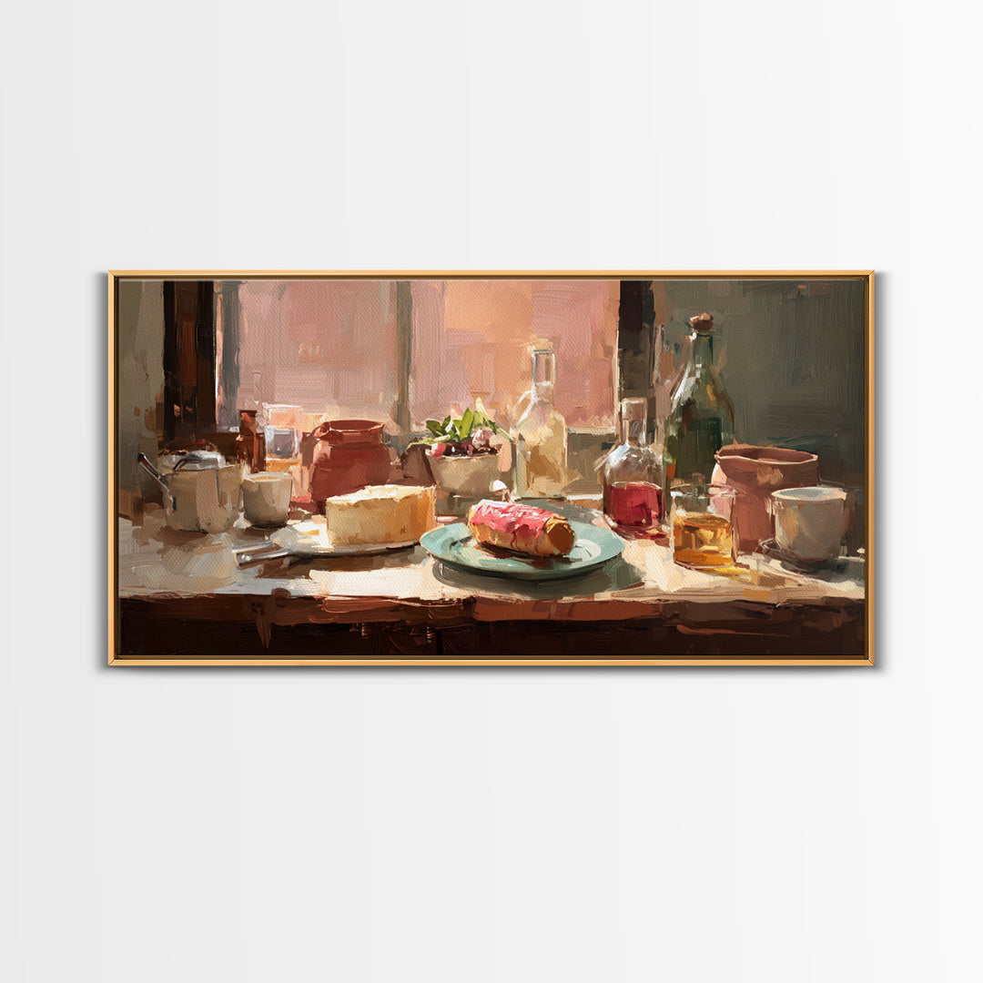Painterly Eclair and Coffee Still Life Framed Canvas Print, Bakery Art, Coffee Wall Art, Bakery Decor, Fine Art, Patisserie, BAK-2x1-80