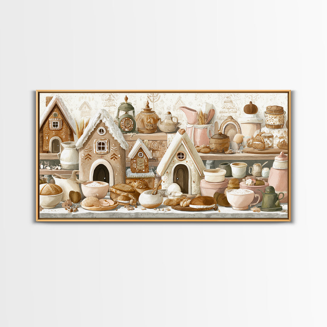 Gingerbread Houses in Charming Folk Art Style Canvas Print, Bakery Art, Printable Wall Art, Bakery Decor, Fine Art, Patisserie, BAK-2x1-82