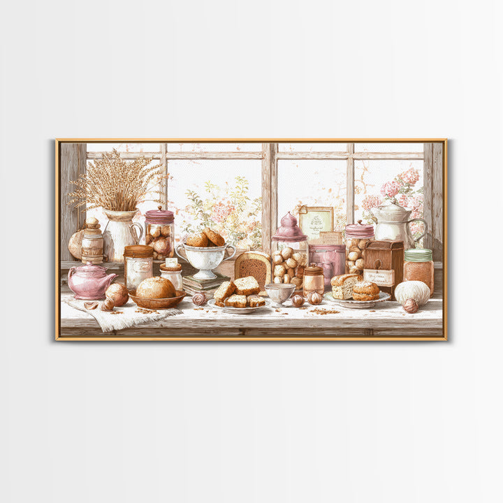 Tea and Scone Arrangement Framed Canvas Print, Bakery Art, Watercolor Art, Bakery Decor, Fine Art, Patisserie, French Wall Art, BAK-2x1-88