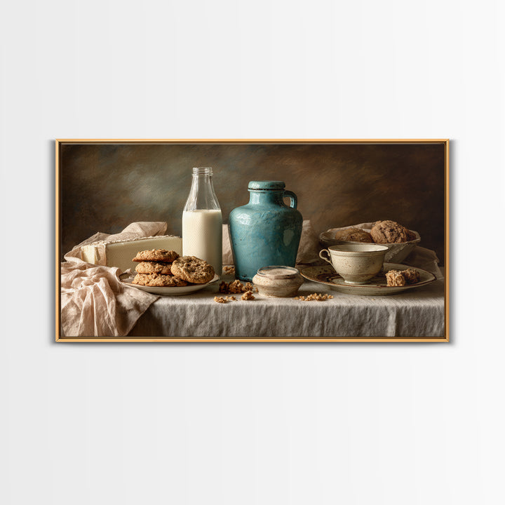 Milk Bottle and Cookies Nostalgic Still Life Framed Canvas Print, Bakery Art, Kitchen Wall Art, Bakery Decor, Oil Painting, BAK-2x1-90